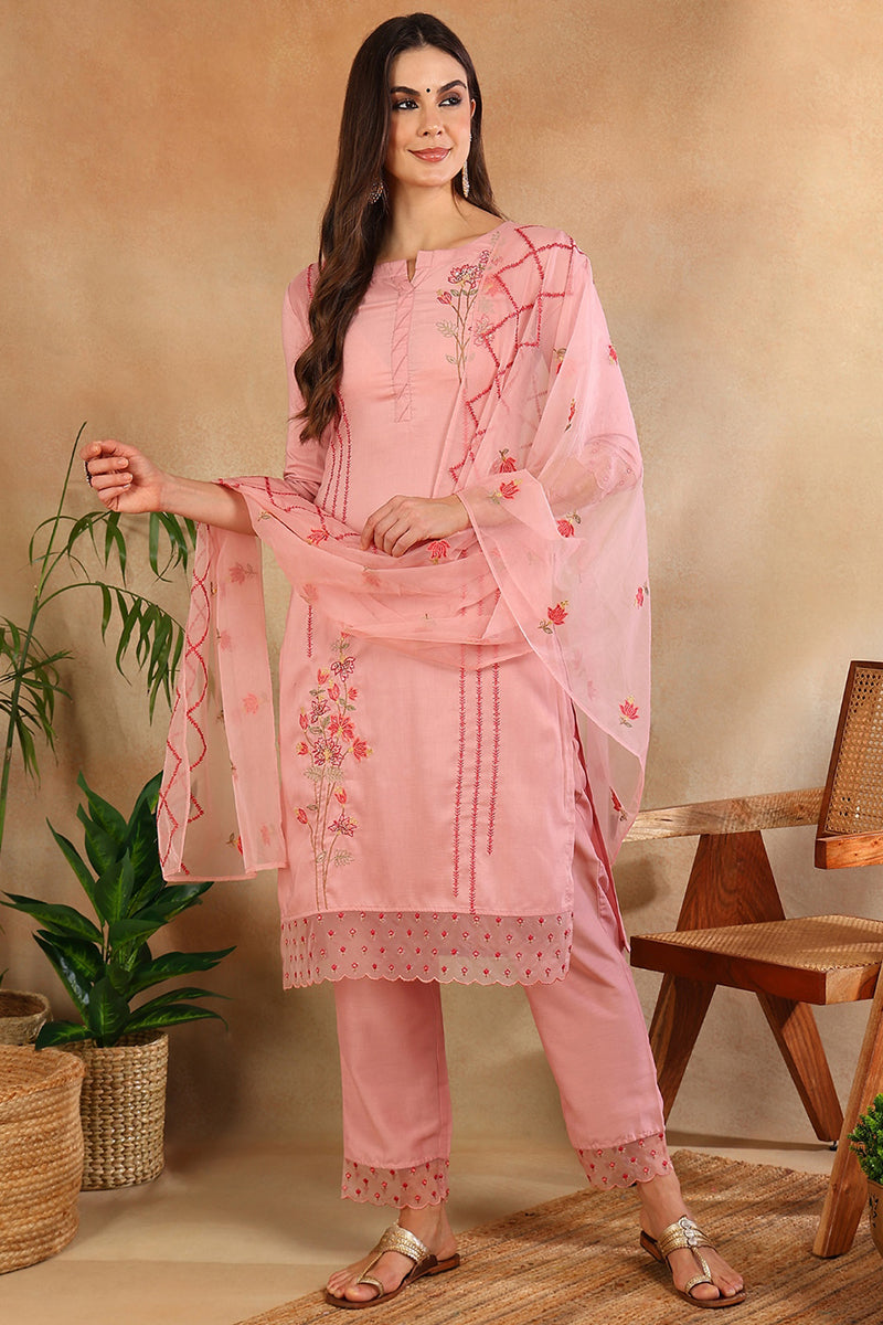 Women's Pink Silk Blend Solid Embroidered Straight Kurta Trouser With Dupatta - Ahika