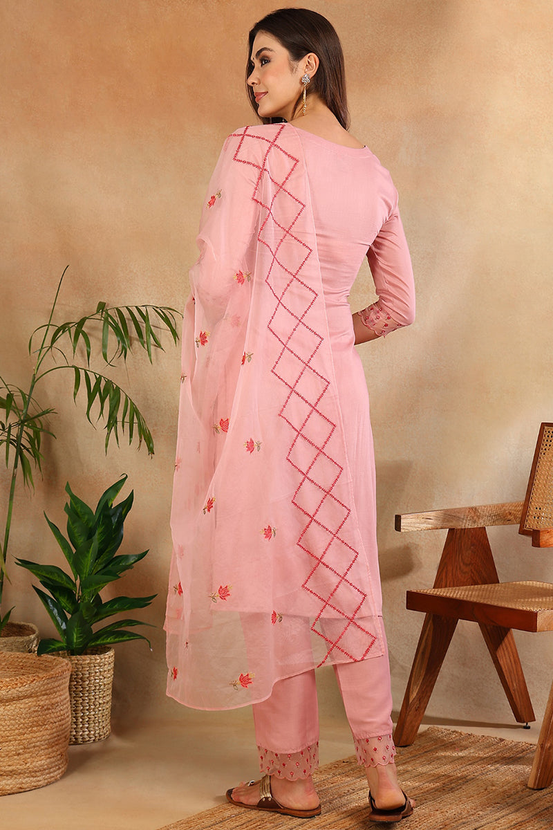 Women's Pink Silk Blend Solid Embroidered Straight Kurta Trouser With Dupatta - Ahika