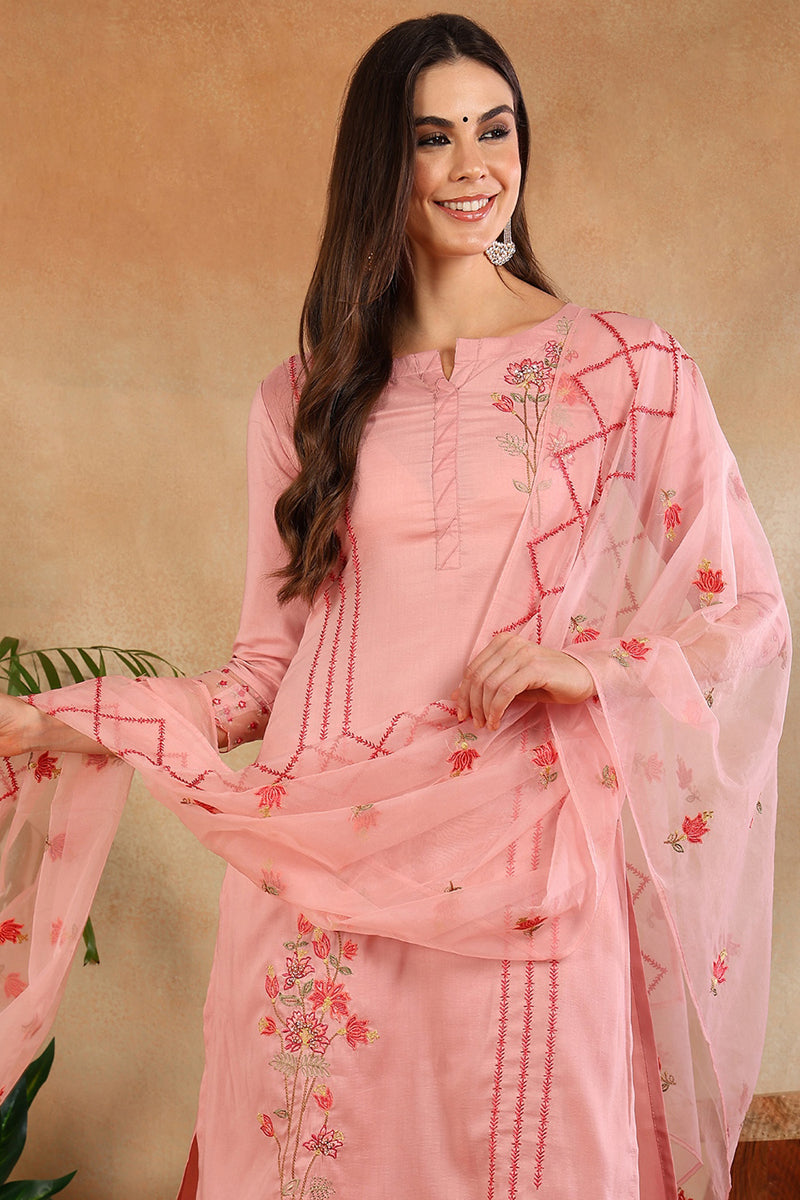 Women's Pink Silk Blend Solid Embroidered Straight Kurta Trouser With Dupatta - Ahika