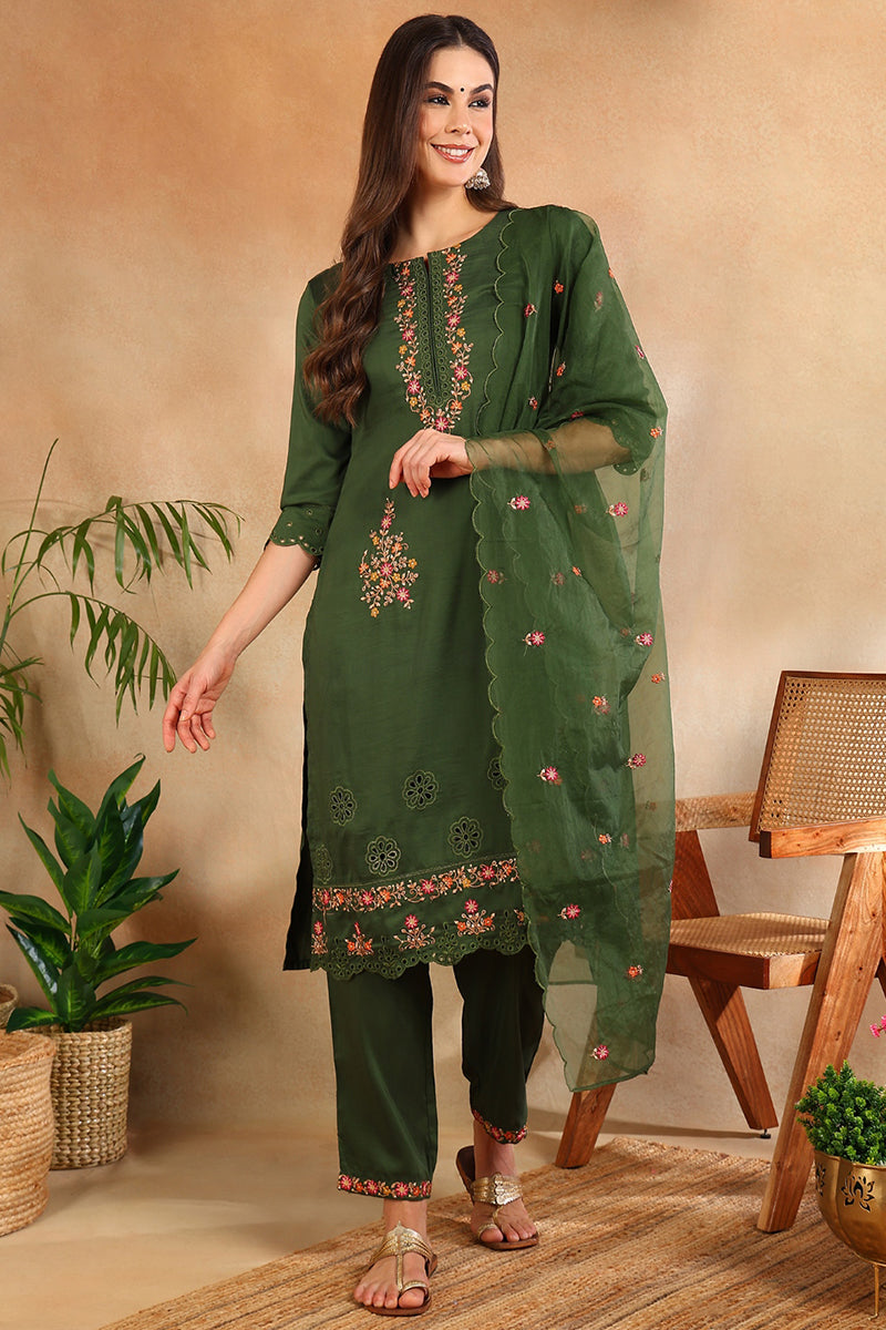 Women's Green Silk Blend Solid Embroidered Straight Kurta Trouser With Dupatta - Ahika