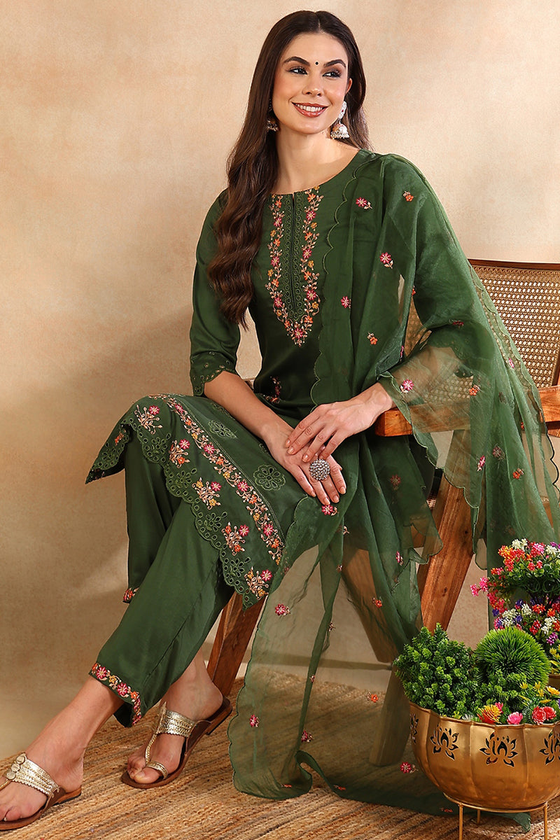 Women's Green Silk Blend Solid Embroidered Straight Kurta Trouser With Dupatta - Ahika