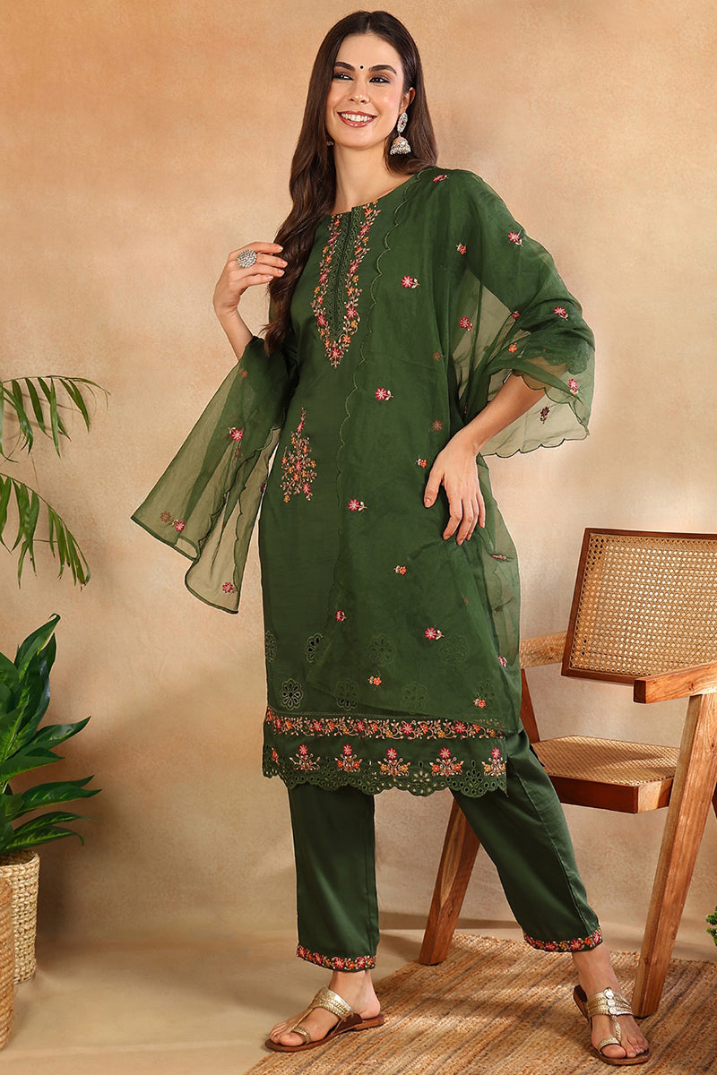 Women's Green Silk Blend Solid Embroidered Straight Kurta Trouser With Dupatta - Ahika