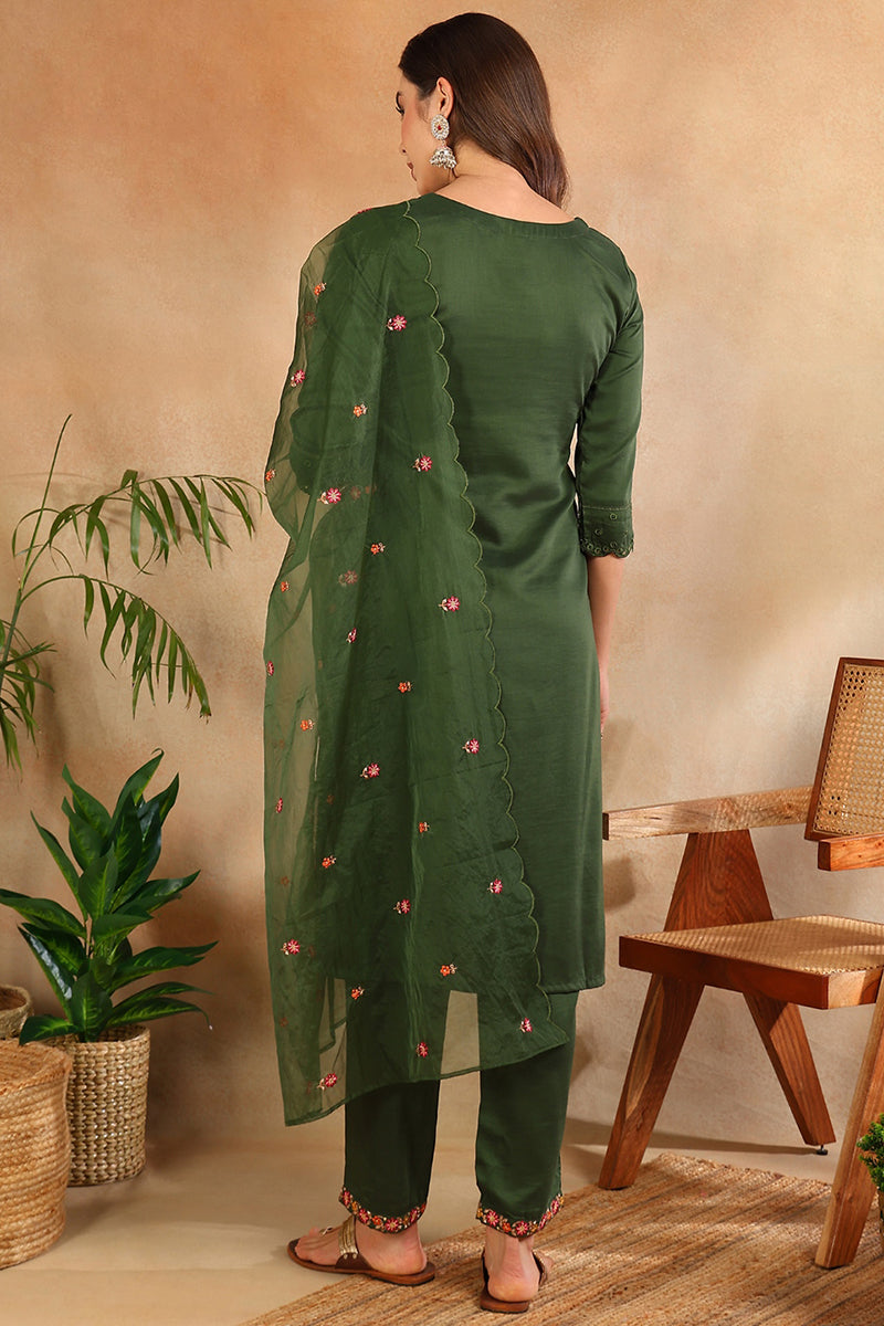 Women's Green Silk Blend Solid Embroidered Straight Kurta Trouser With Dupatta - Ahika