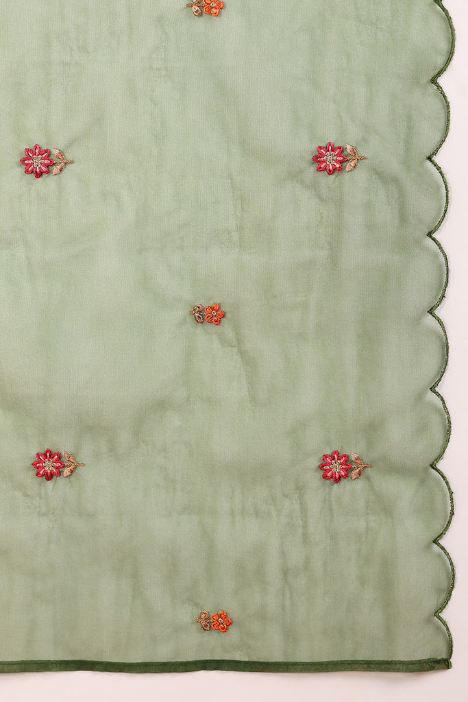Women's Green Silk Blend Solid Embroidered Straight Kurta Trouser With Dupatta