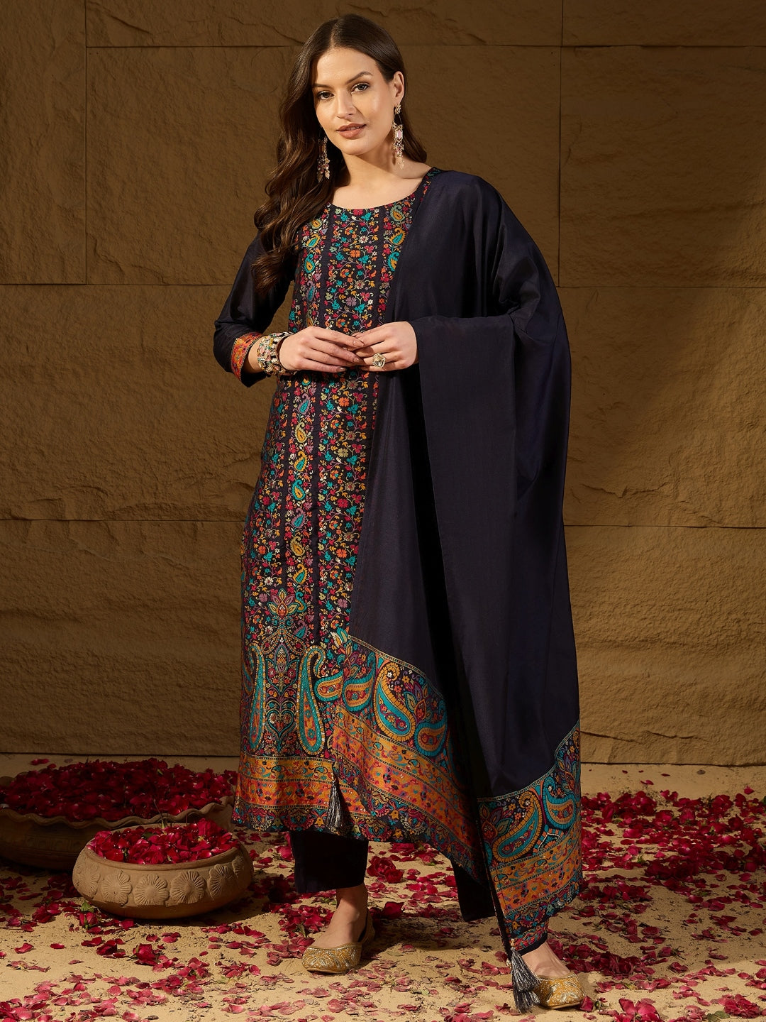 Women's Navy Blue Silk Blend Woven Design Kurta Trouser With Dupatta - Ahika