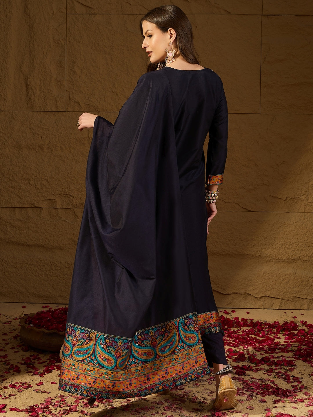 Women's Navy Blue Silk Blend Woven Design Kurta Trouser With Dupatta - Ahika