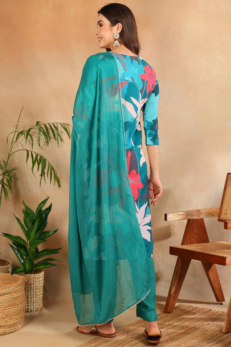 Women's Teal Silk Blend Floral Printed Straight Kurta Trouser With Dupatta - Ahika