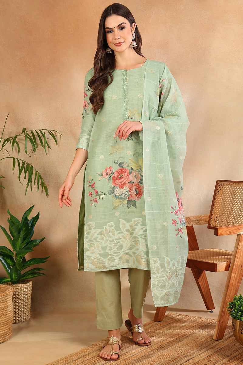 Women's Green Linen Blend Floral Woven Design Straight Kurta Trouser With Dupatta - Ahika