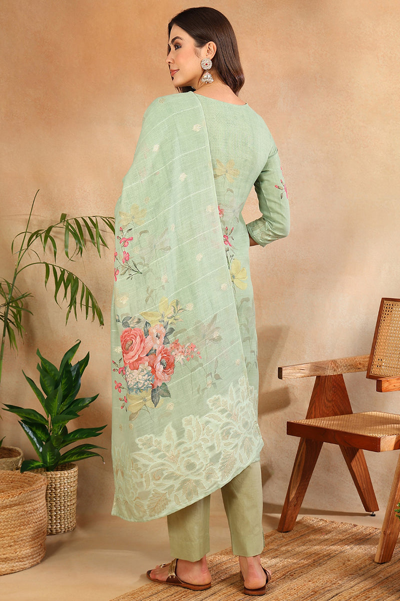 Women's Green Linen Blend Floral Woven Design Straight Kurta Trouser With Dupatta - Ahika