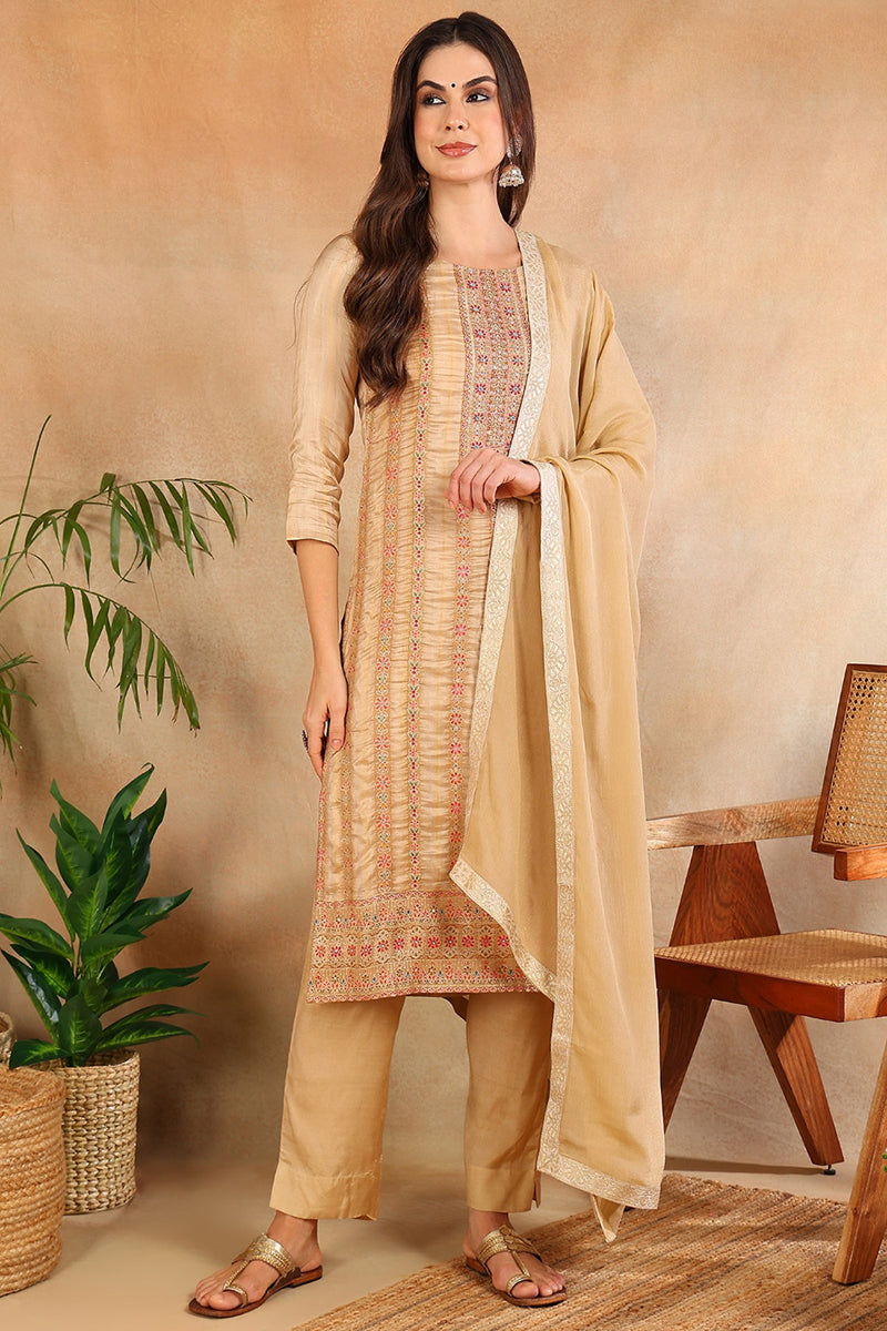 Women's Beige Chanderi Striped Woven Design Straight Kurta Trouser With Dupatta - Ahika