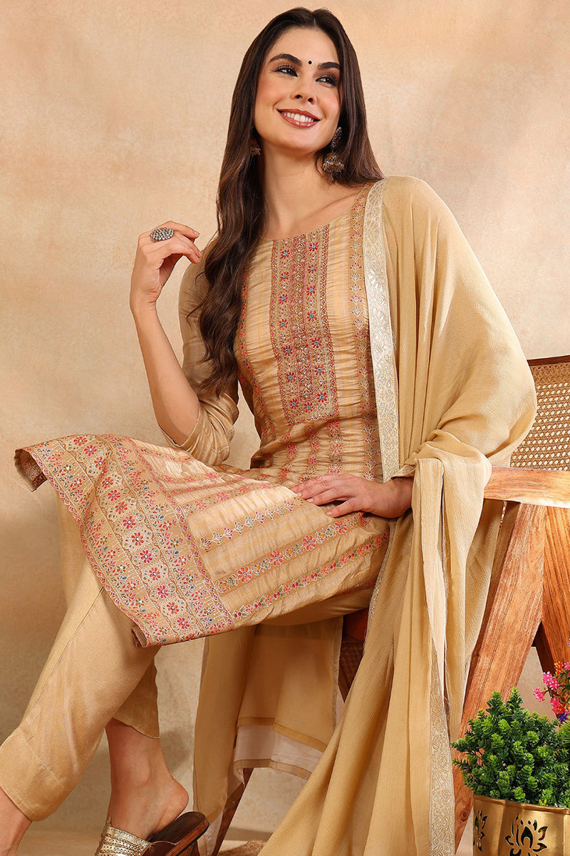 Women's Beige Chanderi Striped Woven Design Straight Kurta Trouser With Dupatta - Ahika