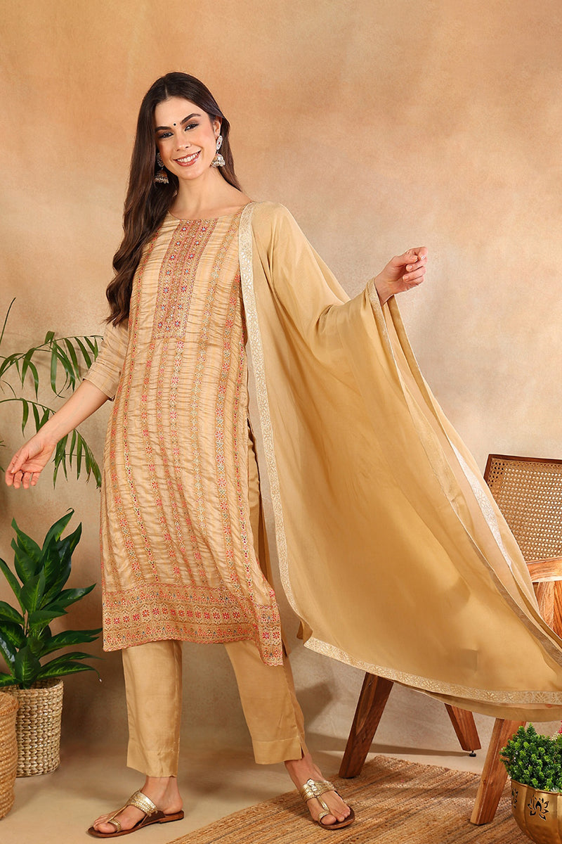 Women's Beige Chanderi Striped Woven Design Straight Kurta Trouser With Dupatta - Ahika