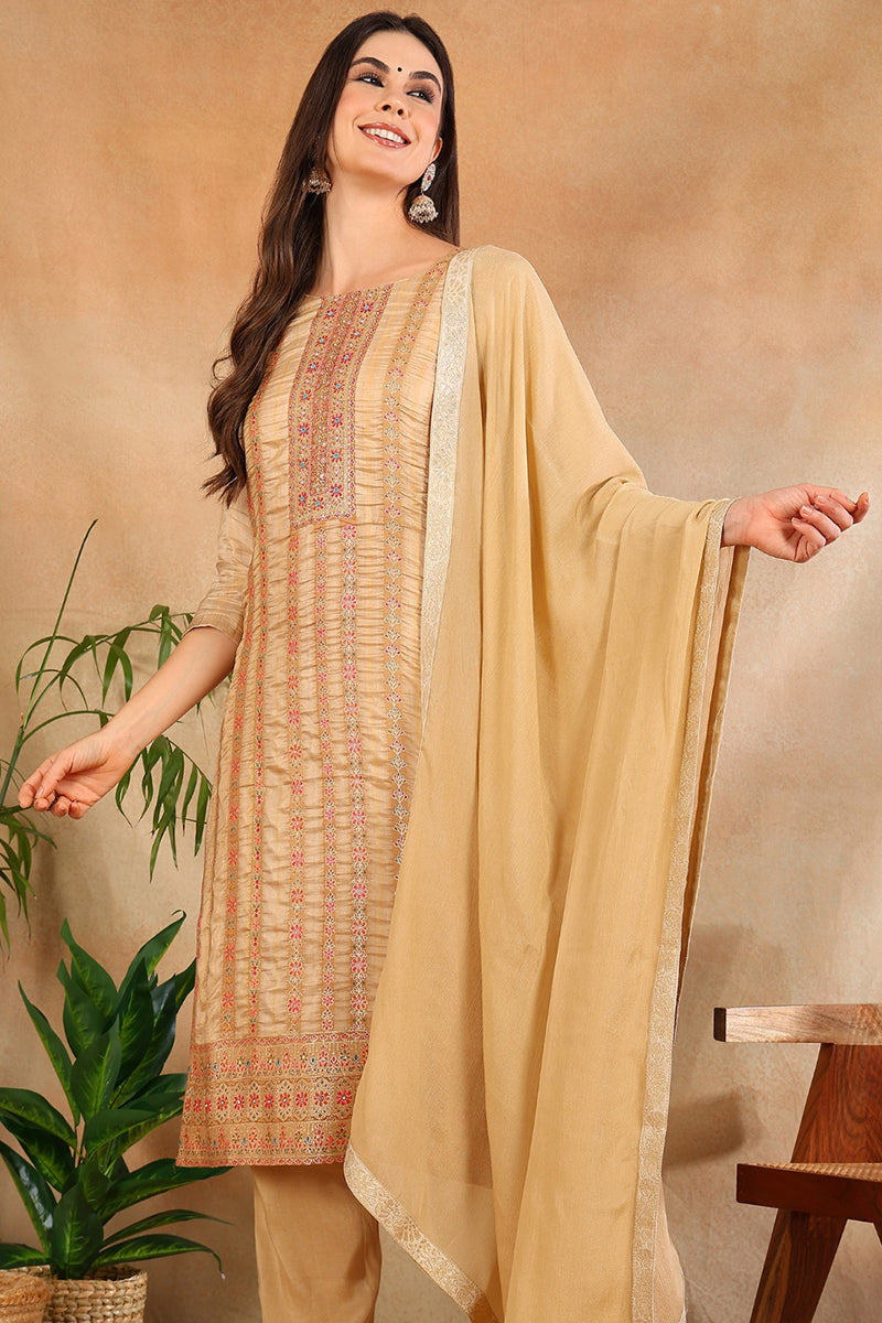 Women's Beige Chanderi Striped Woven Design Straight Kurta Trouser With Dupatta - Ahika