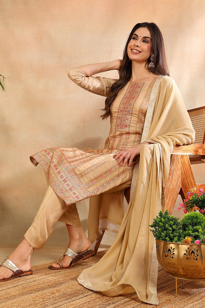 Women's Beige Chanderi Striped Woven Design Straight Kurta Trouser With Dupatta - Ahika