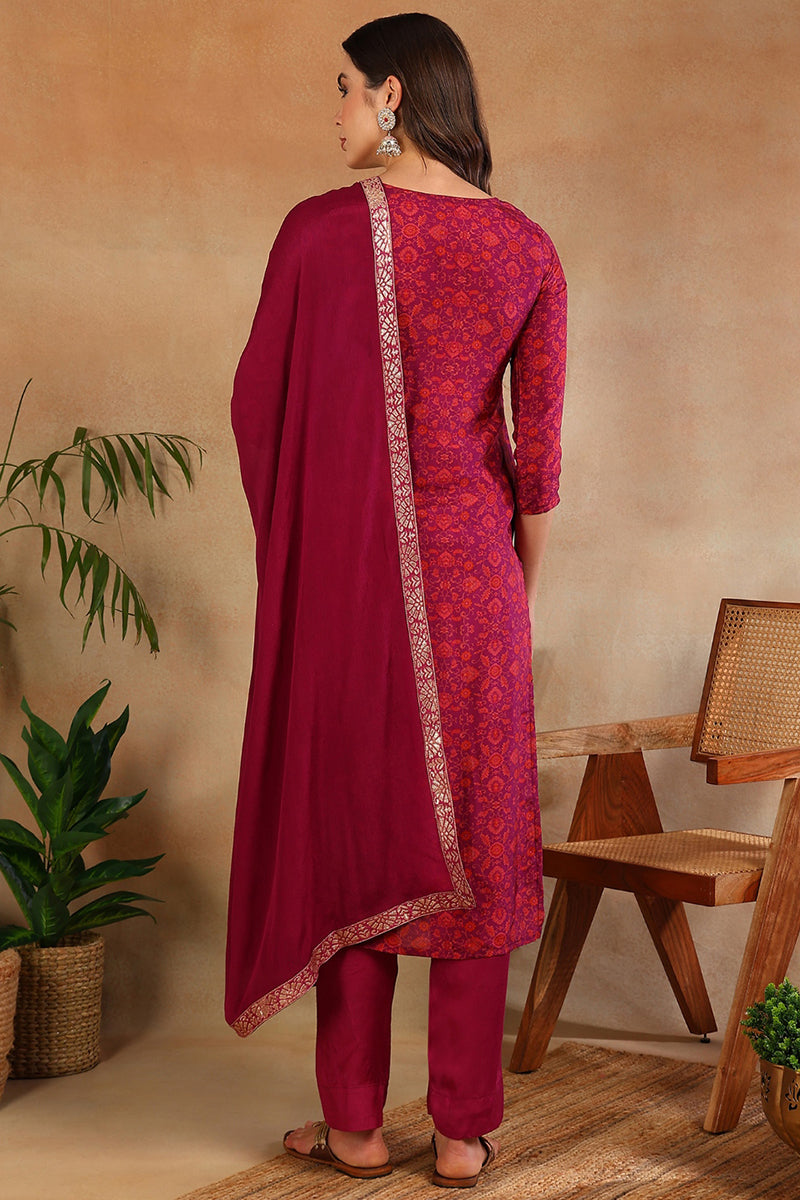 Women's Purple Silk Ethnic Motifs Woven Design Straight Kurta Trouser With Dupatta - Ahika