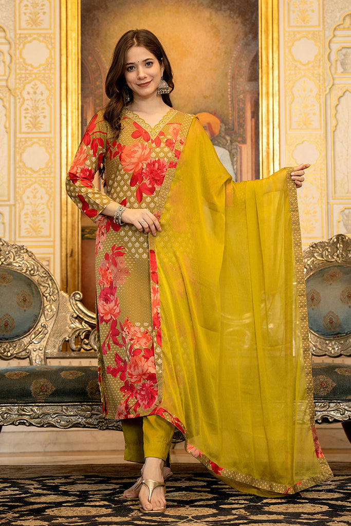 Women's Green Silk Blend Floral Printed Straight Kurta Trouser With Dupatta