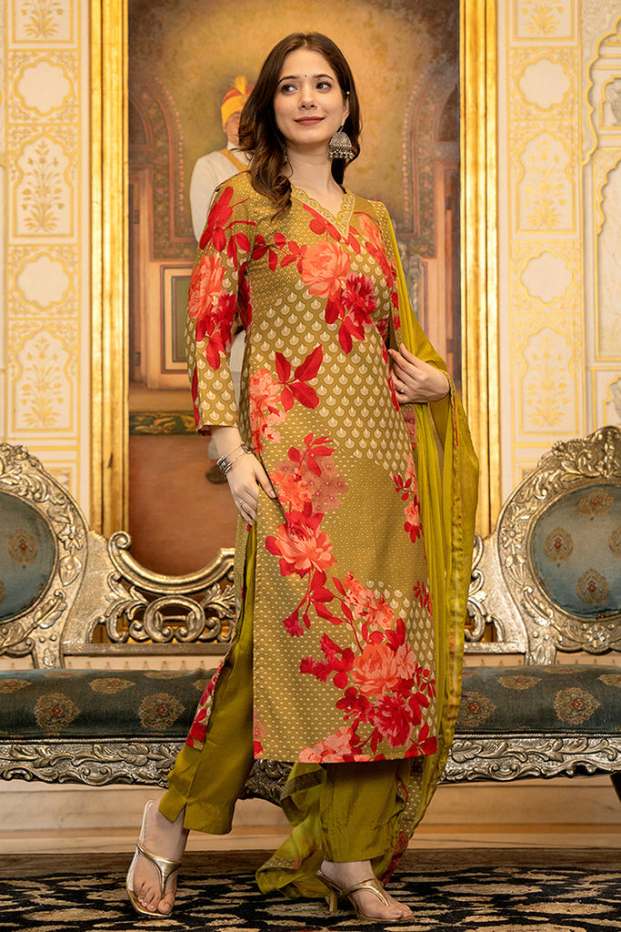 Women's Green Silk Blend Floral Printed Straight Kurta Trouser With Dupatta