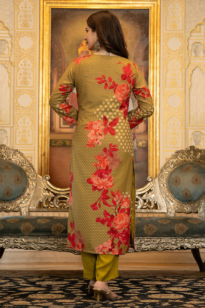 Women's Green Silk Blend Floral Printed Straight Kurta Trouser With Dupatta