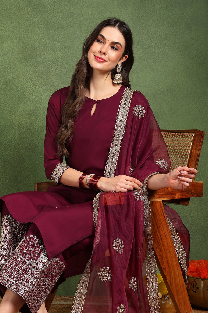 Women's Burgundy Silk Blend Solid Solid Straight Kurta Palazzo With Dupatta