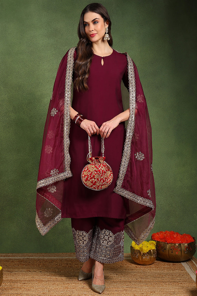 Women's Burgundy Silk Blend Solid Solid Straight Kurta Palazzo With Dupatta - Ahika