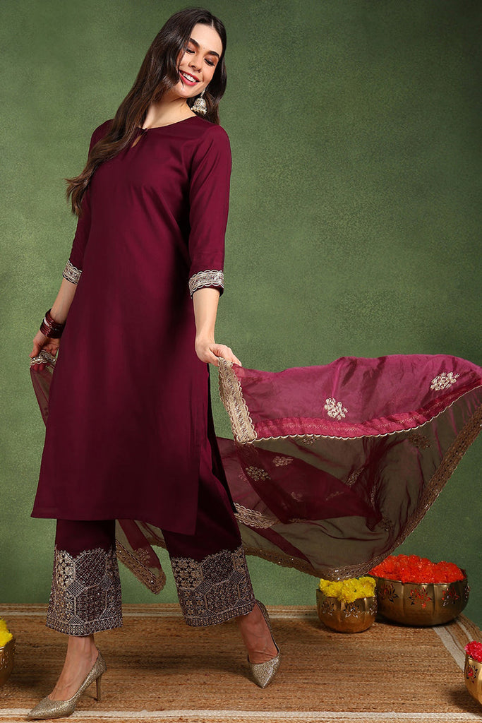 Women's Burgundy Silk Blend Solid Solid Straight Kurta Palazzo With Dupatta