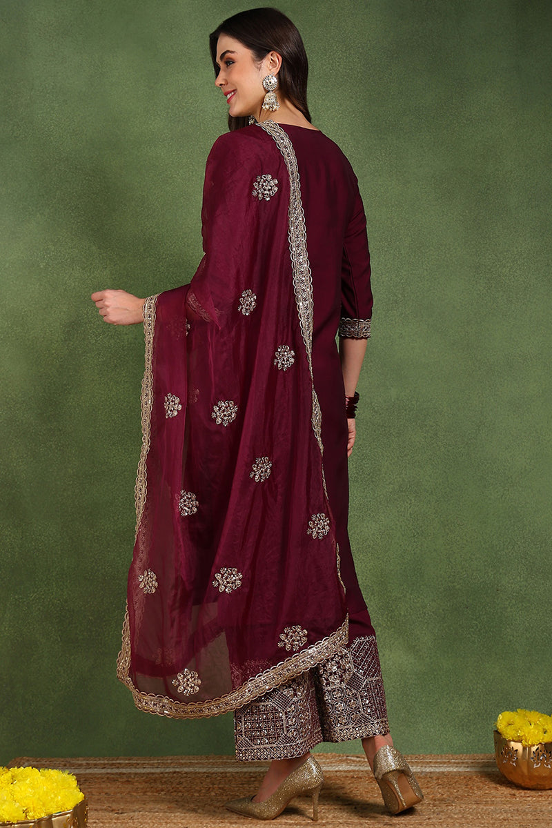 Women's Burgundy Silk Blend Solid Solid Straight Kurta Palazzo With Dupatta - Ahika