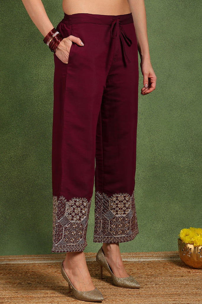 Women's Burgundy Silk Blend Solid Solid Straight Kurta Palazzo With Dupatta