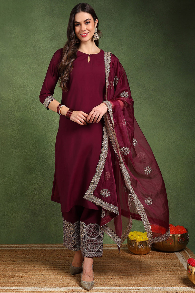 Women's Burgundy Silk Blend Solid Solid Straight Kurta Palazzo With Dupatta - Ahika