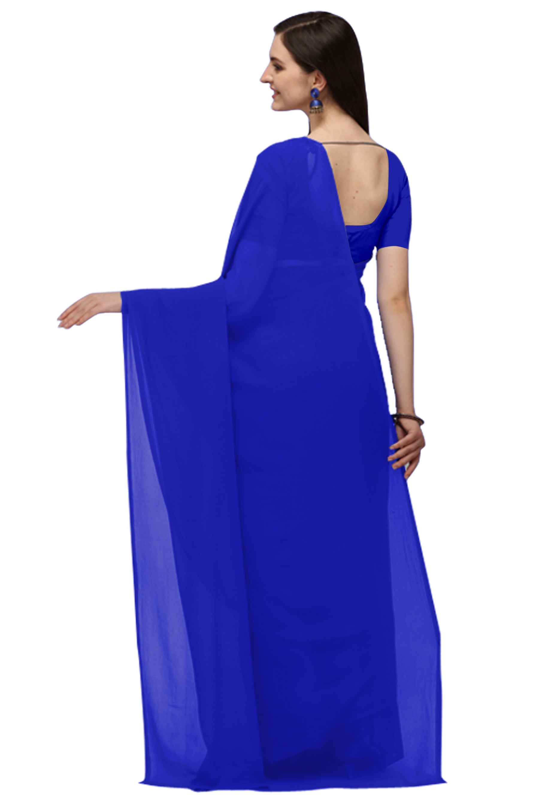 Women's Plain Woven Daily Wear  Formal Georgette Sari With Blouse Piece (Royal Blue) - NIMIDHYA