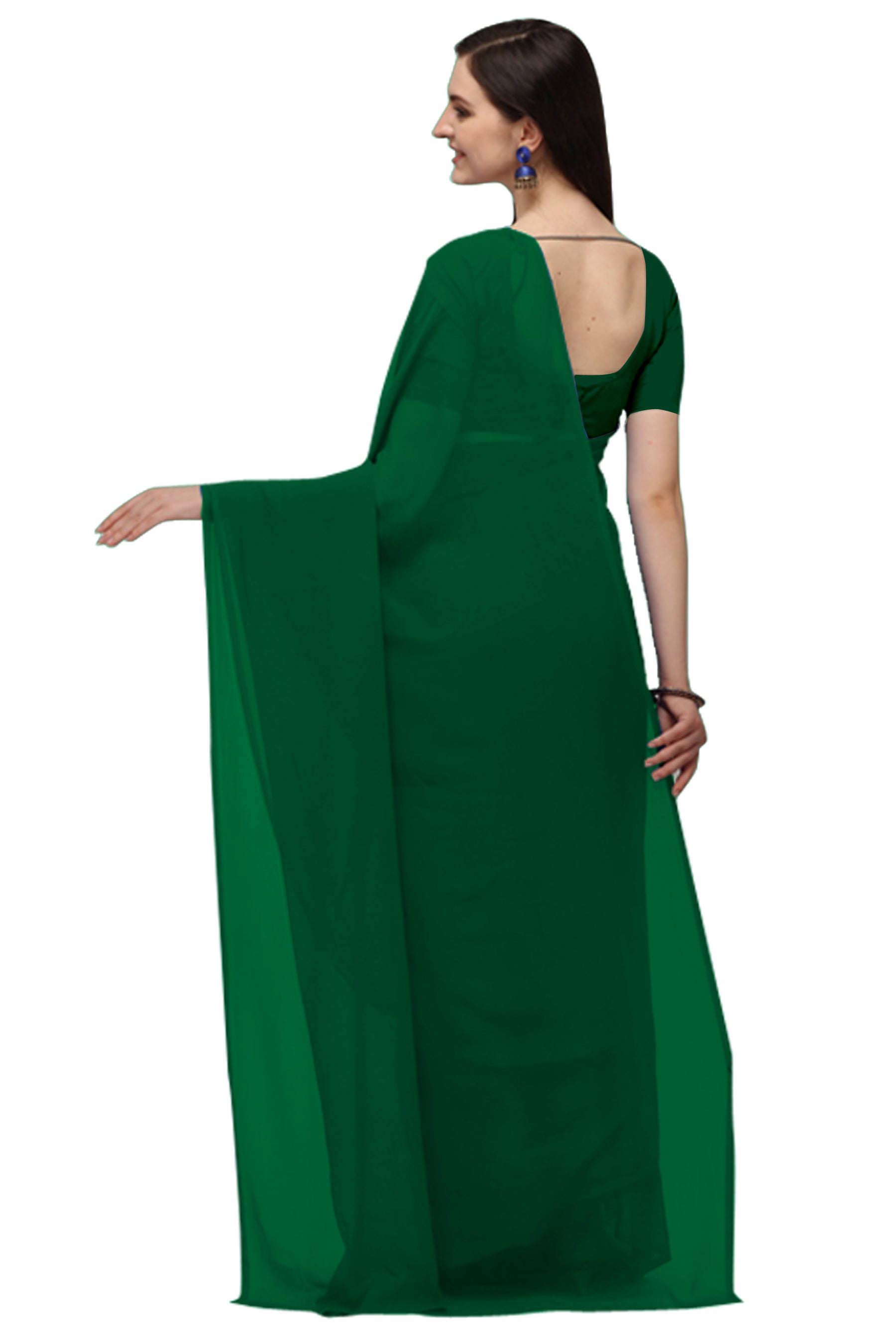 Women's Plain Woven Daily Wear  Formal Georgette Sari With Blouse Piece (Dark Green) - NIMIDHYA