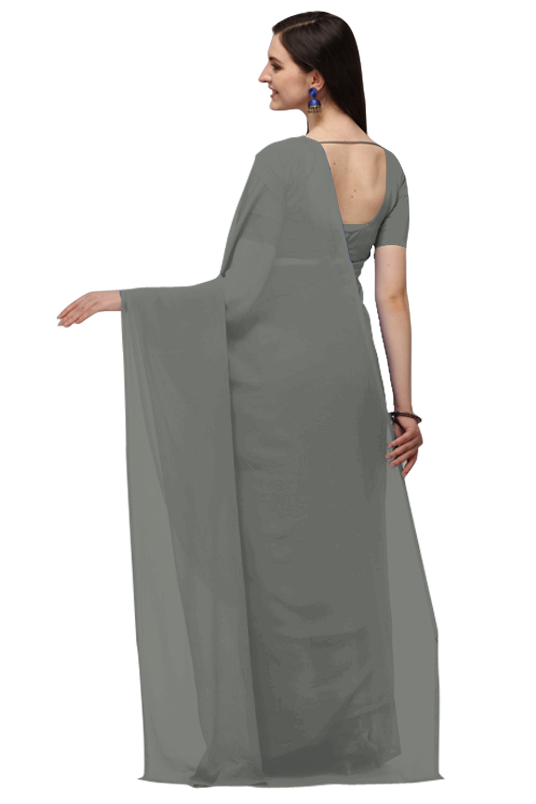 Women's Plain Woven Daily Wear  Formal Georgette Sari With Blouse Piece (Grey) - NIMIDHYA