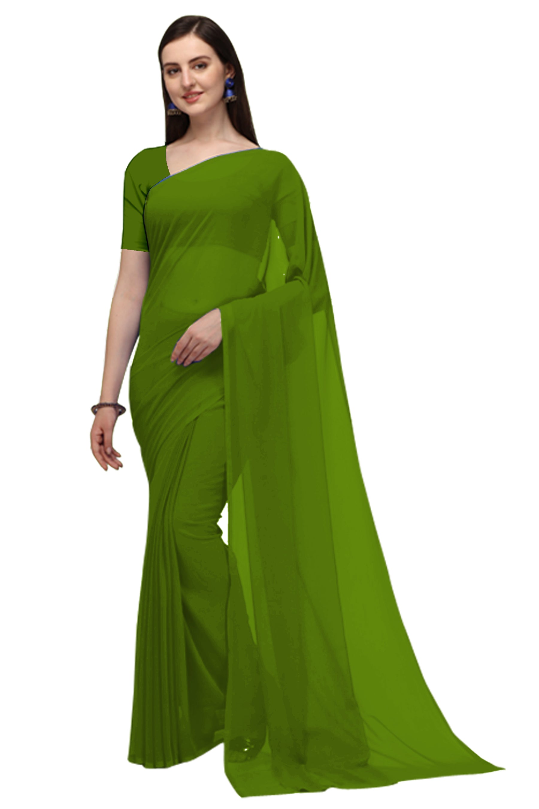 Women's Plain Woven Daily Wear  Formal Georgette Sari With Blouse Piece (Mehandi Green) - NIMIDHYA