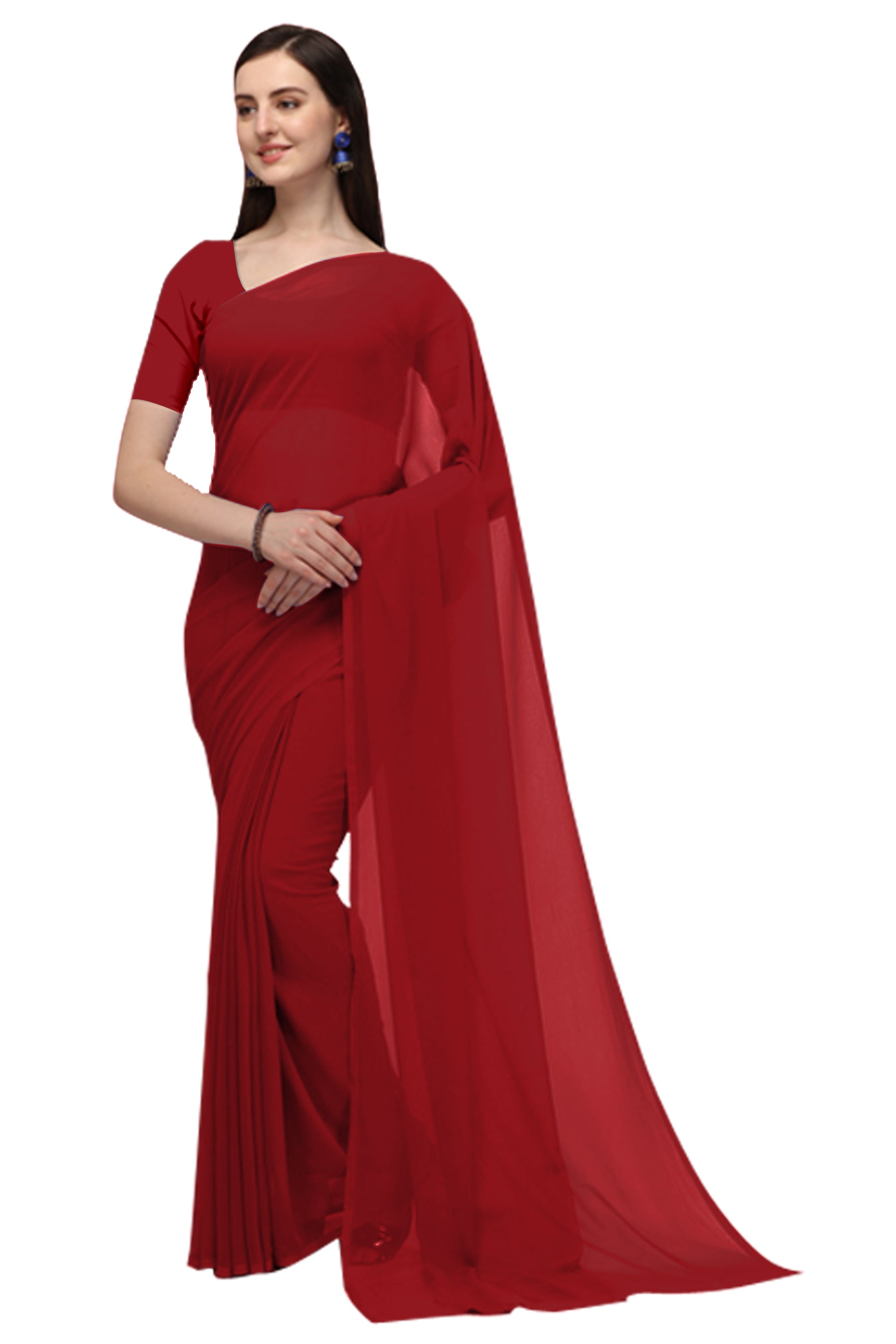 Women's Plain Woven Daily Wear  Formal Georgette Sari With Blouse Piece (Maroon) - NIMIDHYA