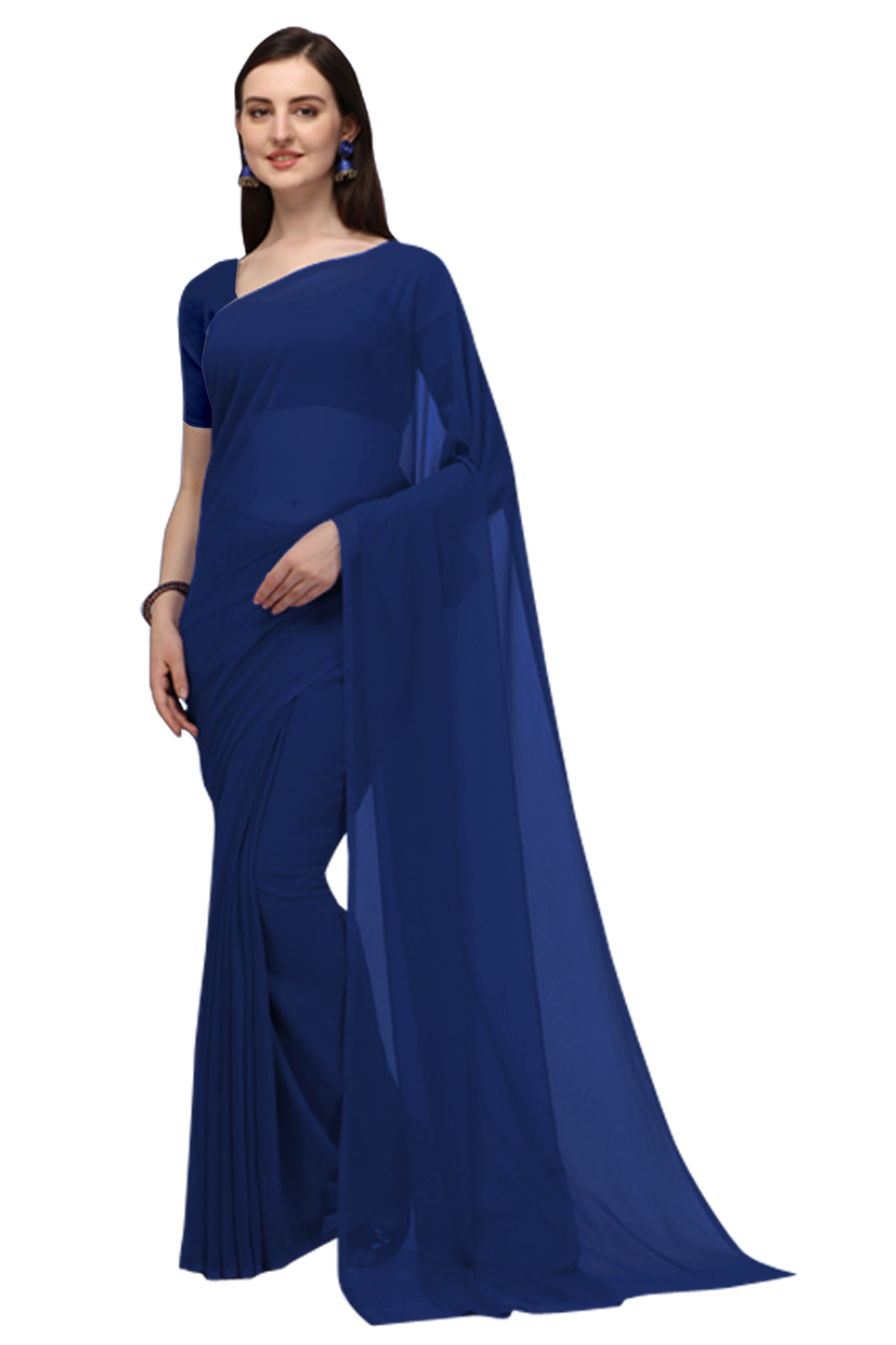 Women's Plain Woven Daily Wear  Formal Georgette Sari With Blouse Piece (Navy Blue) - NIMIDHYA
