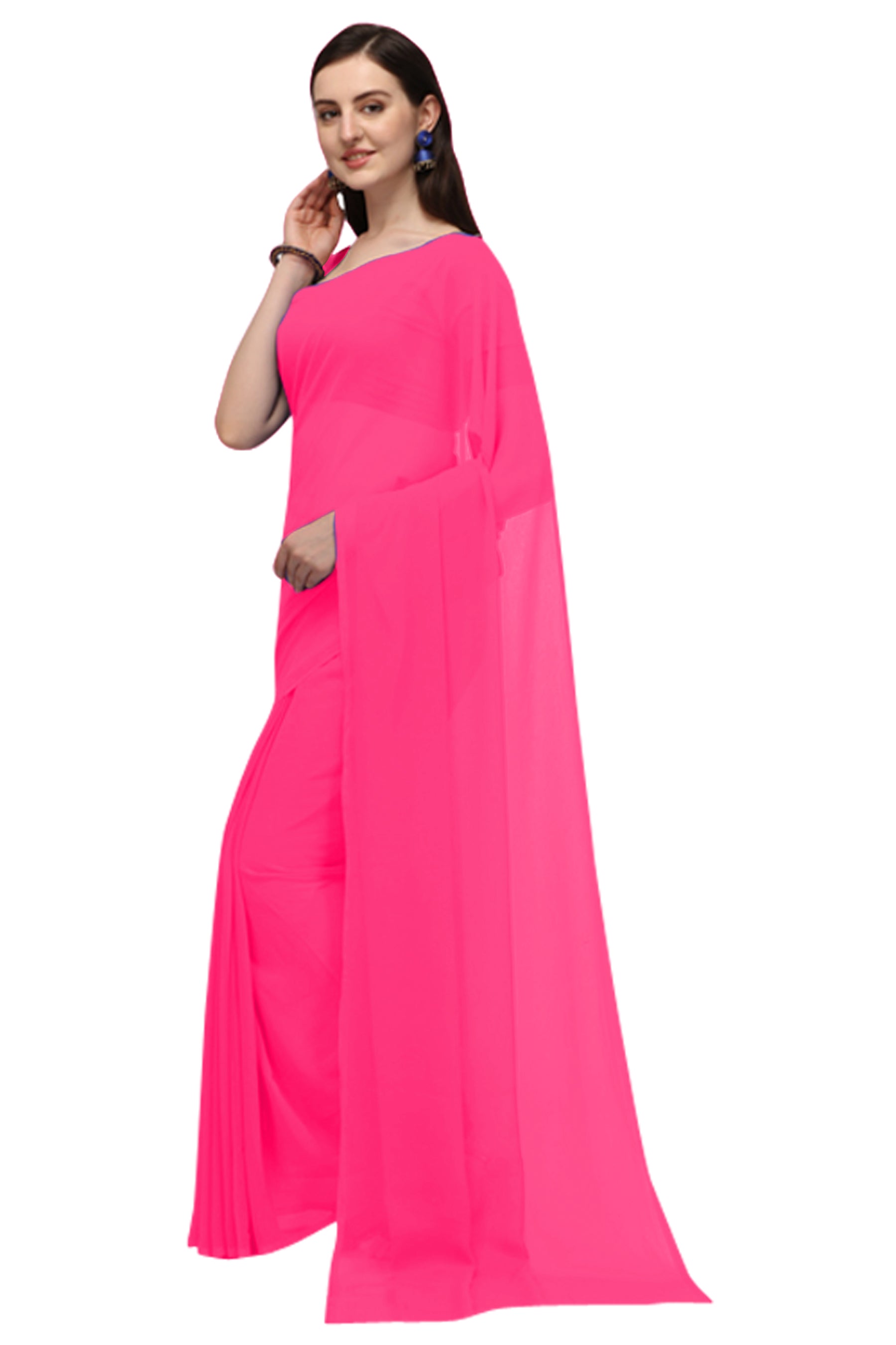 Women's Plain Woven Daily Wear  Formal Georgette Sari With Blouse Piece (Pink) - NIMIDHYA