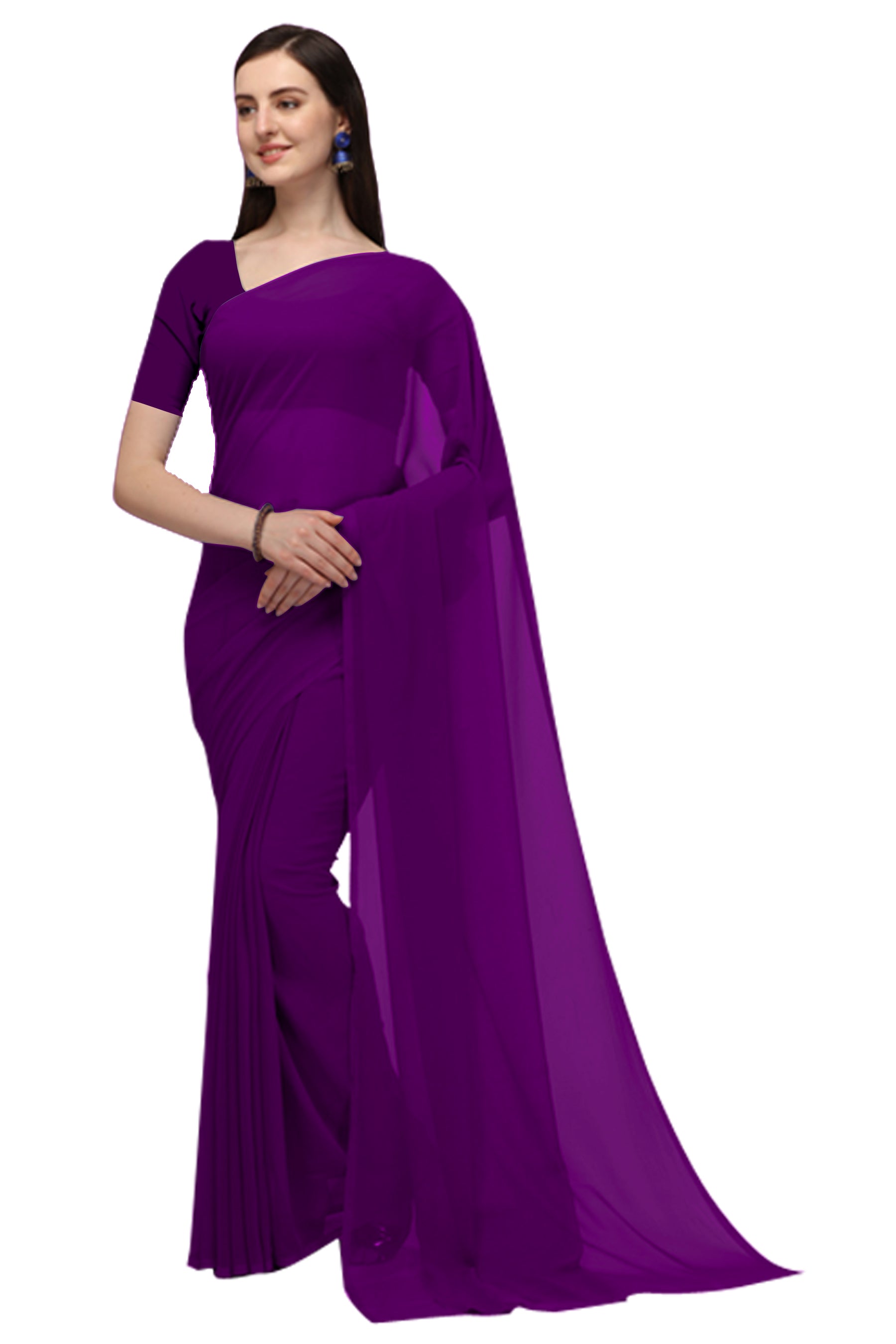 Women's Plain Woven Daily Wear  Formal Georgette Sari With Blouse Piece (Purple) - NIMIDHYA