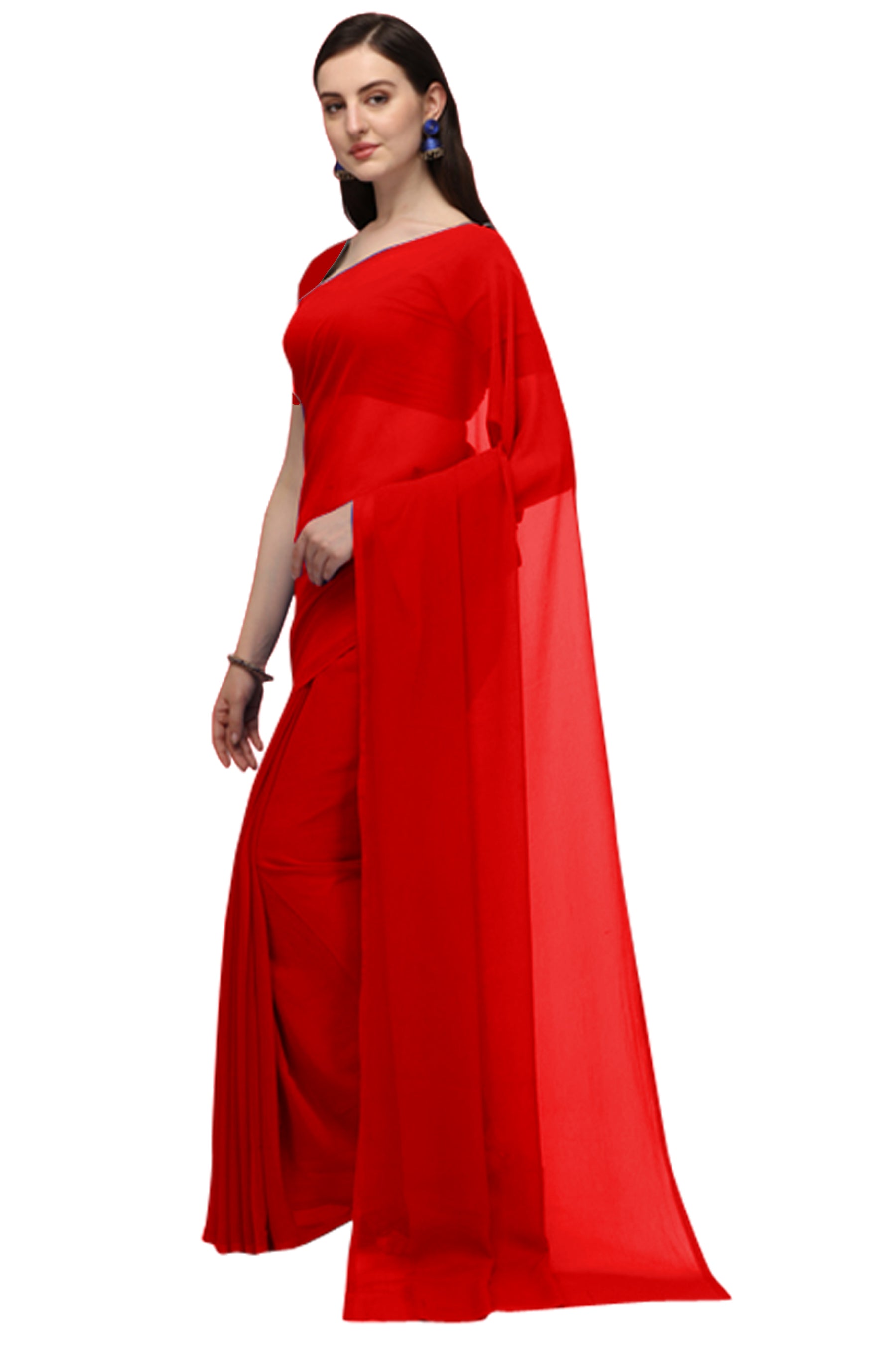 Women's Plain Woven Daily Wear  Formal Georgette Sari With Blouse Piece (Red) - NIMIDHYA