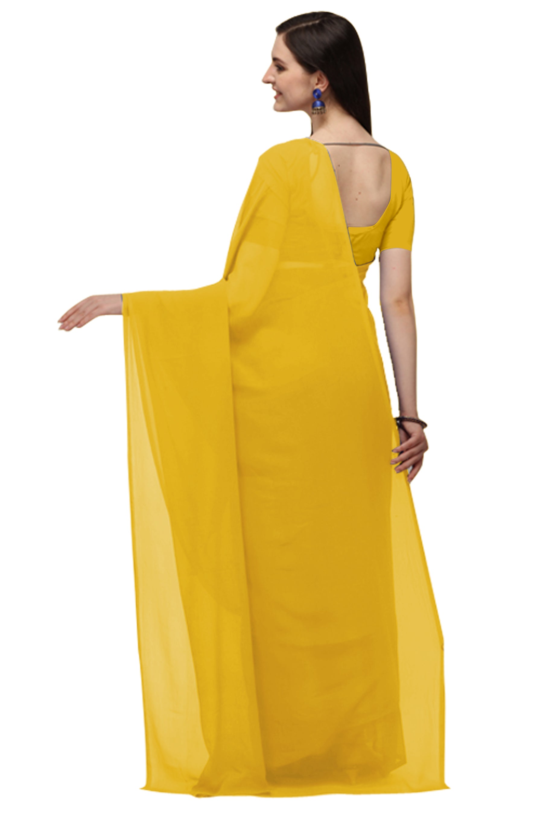 Women's Plain Woven Daily Wear  Formal Georgette Sari With Blouse Piece (Yellow) - NIMIDHYA