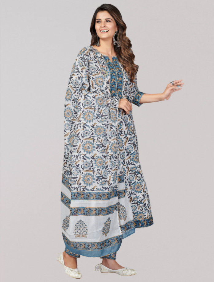 Women's Blue Anarkali Cotton Kurta With Pant & Dupatta By Vbuyz (3