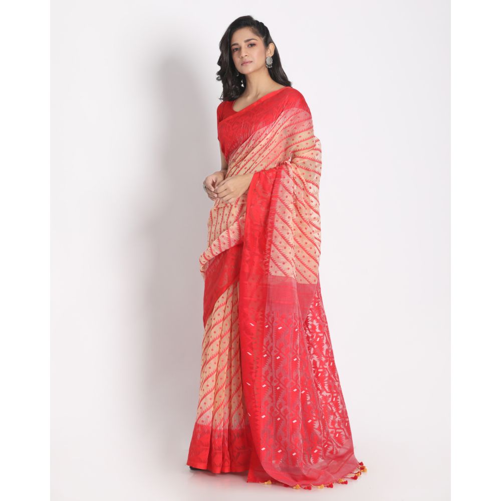 Women's Beige Cotton Silk Jamdani Saree - Piyari Fashion