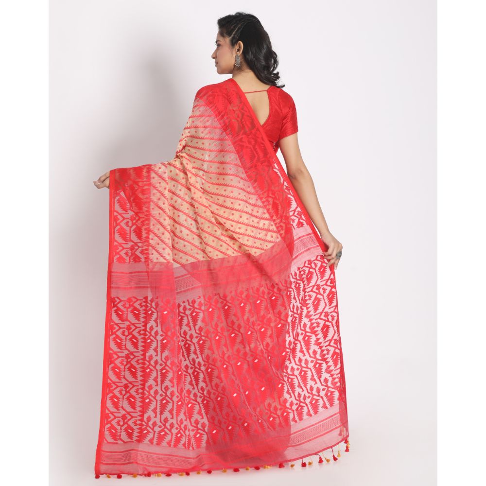 Women's Beige Cotton Silk Jamdani Saree - Piyari Fashion