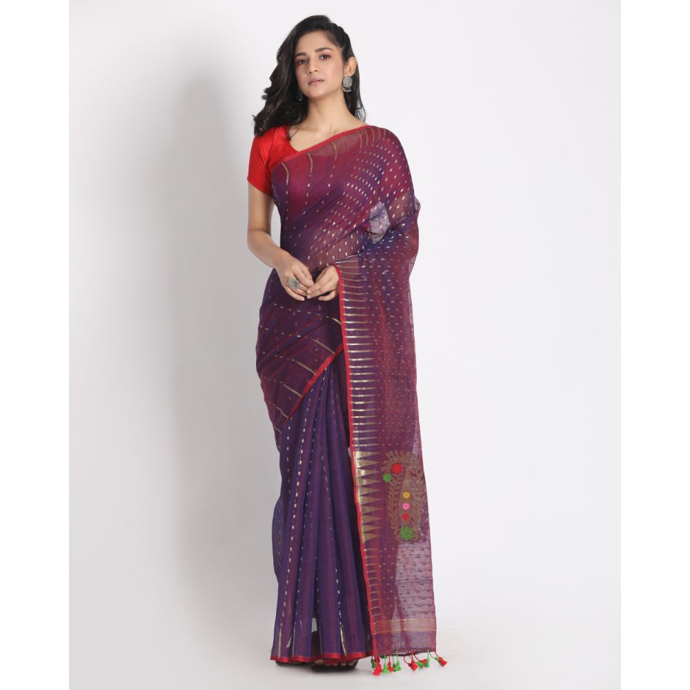 Women's Purple Cotton Silk Jamdani Saree - Piyari Fashion