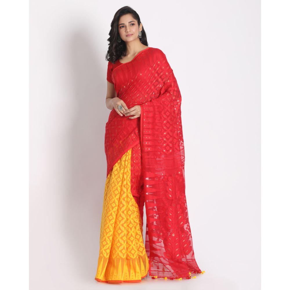Women's Red Yellow Cotton Silk Jamdani Saree