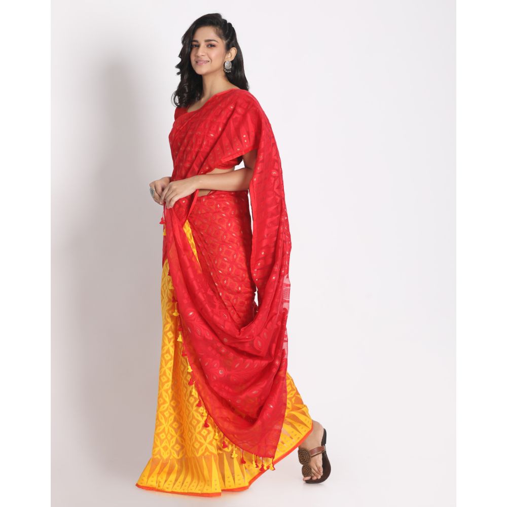 Women's Red Yellow Cotton Silk Jamdani Saree