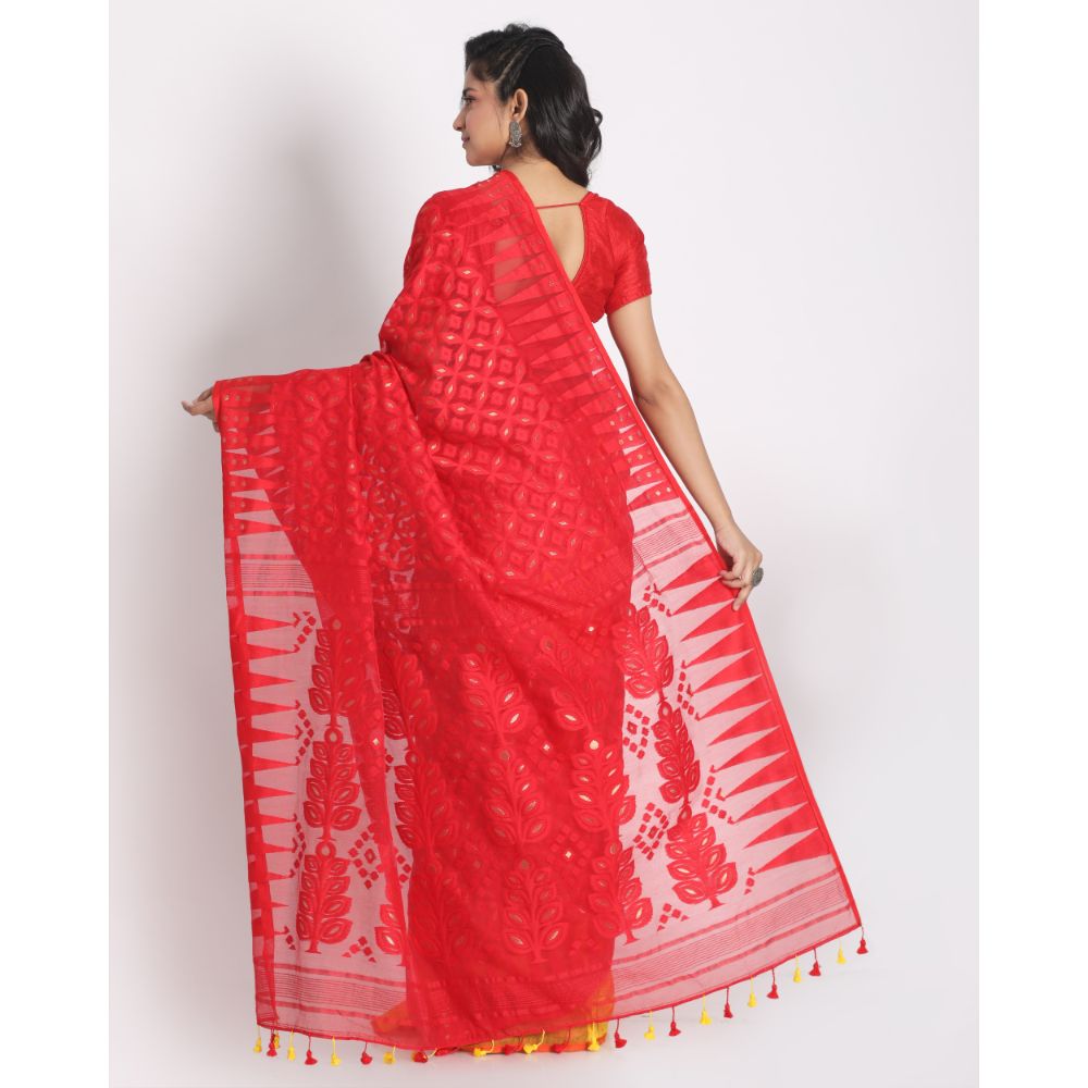 Women's Red Yellow Cotton Silk Jamdani Saree
