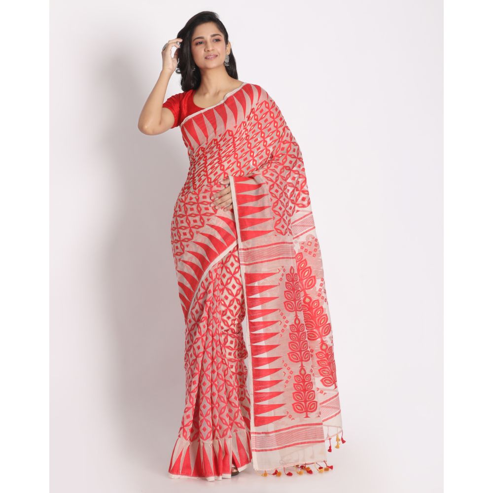 Women's Beige Red Cotton Silk Jamdani Saree - Piyari Fashion