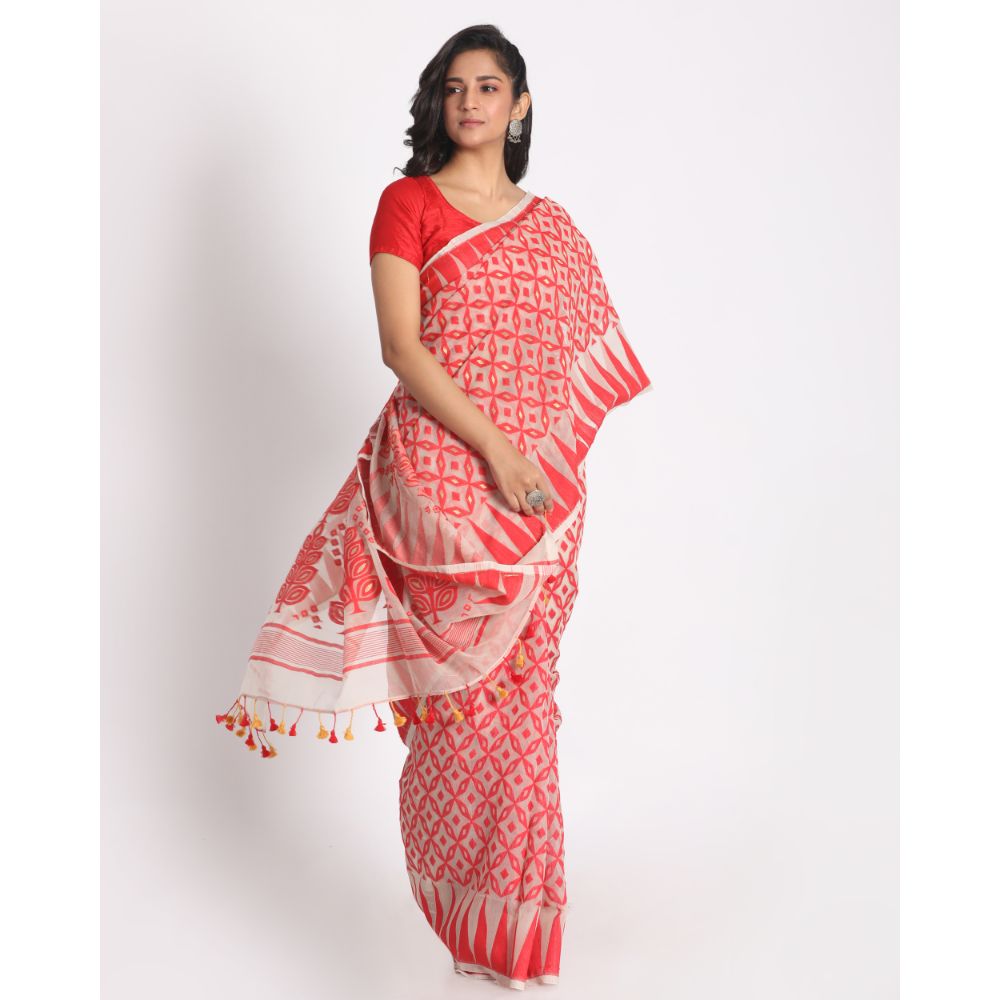 Women's Beige Red Cotton Silk Jamdani Saree - Piyari Fashion