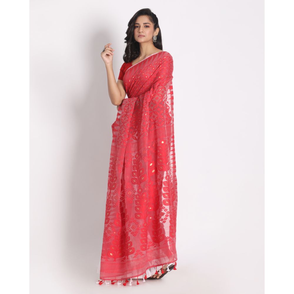 Women's Red White Cotton Silk Jamdani Saree - Piyari Fashion