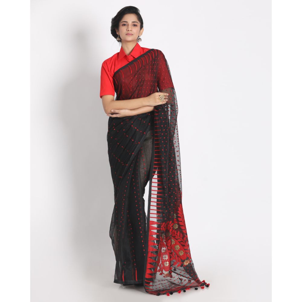 Women's Black Cotton Silk Jamdani Saree - Piyari Fashion