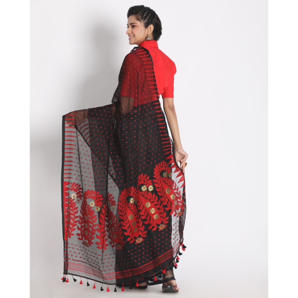 Women's Black Cotton Silk Jamdani Saree - Piyari Fashion